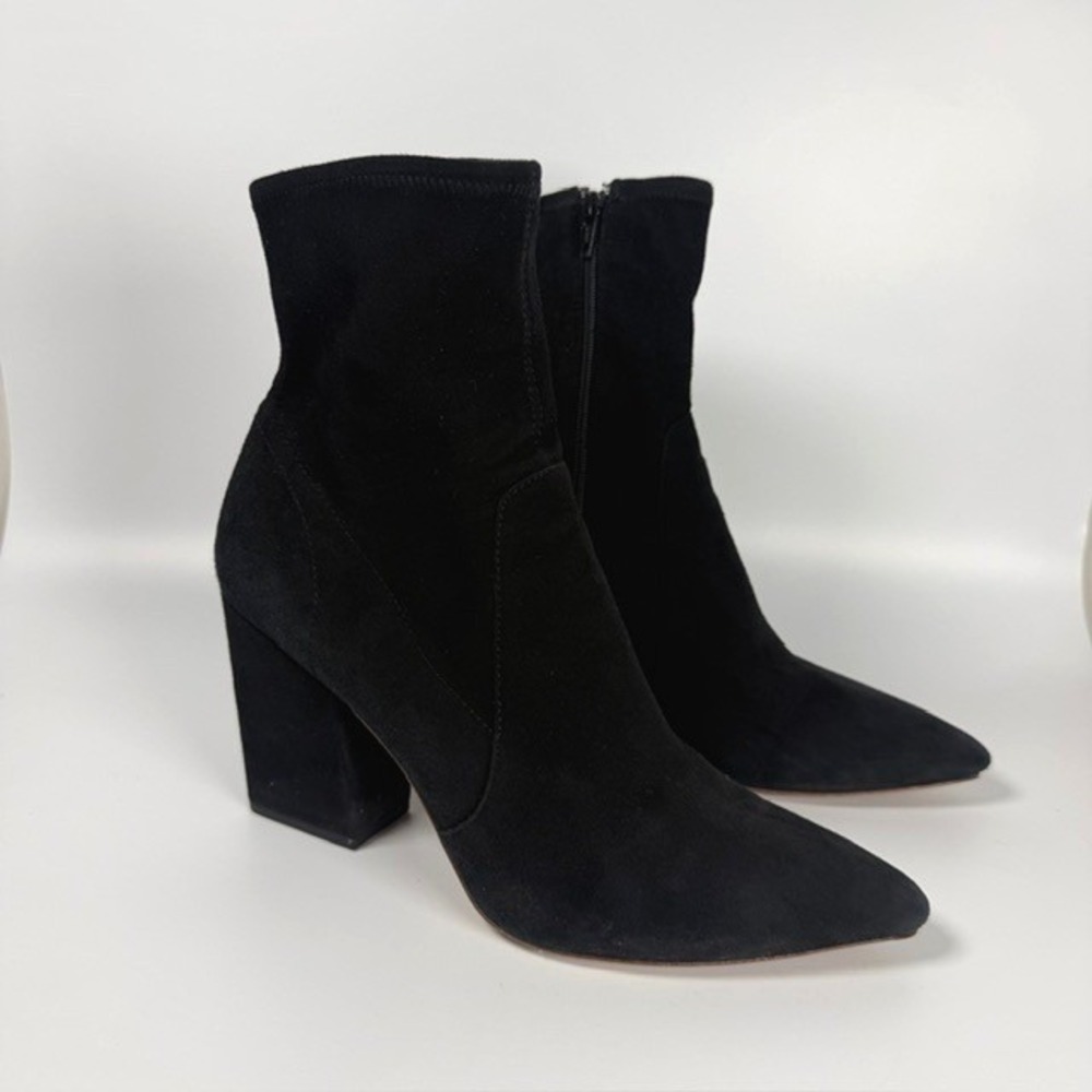 Loeffler Randall Black Isla Suede Pointed Toe Ankle Boots Block Heel | Size 7.5